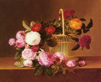 Johan Laurentz Jensen : A Basket Of Roses On A Ledge